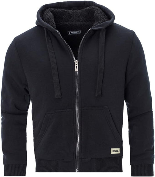 D-PROJECT Padded Borg Fleece Sherpa Lined Full Zip Up Hoodie Black