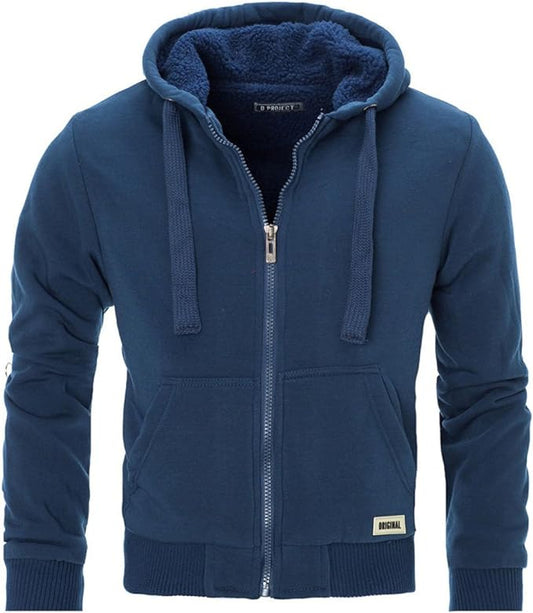 D-PROJECT Padded Borg Fleece Sherpa Lined Full Zip Up Hoodie Navy