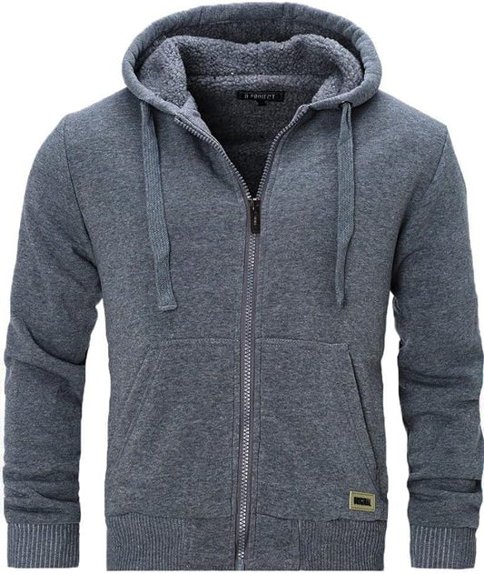 D-PROJECT Mens Padded Borg Fleece Sherpa Lined Full Zip Up Hoodie Grey