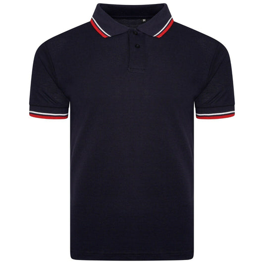 Mens Short Sleeve Polo Pique Tipping T-Shirt Cotton Top Casual Golf Summer Navy