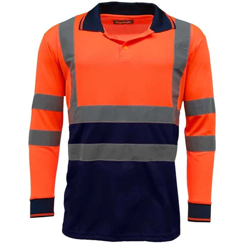 Hi Vis Long Sleeve Polo Shirt Orange/ Navy