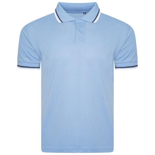 Mens Short Sleeve Polo Pique Tipping T-Shirt Cotton Top Casual Golf Summer Sky Blue