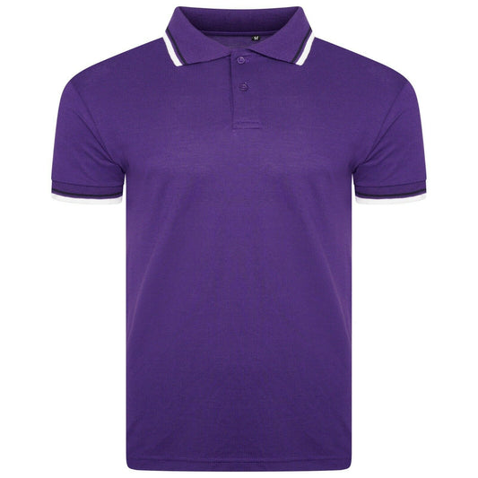 Mens Short Sleeve Polo Pique Tipping T-Shirt Cotton Top Casual Golf Summer Purple